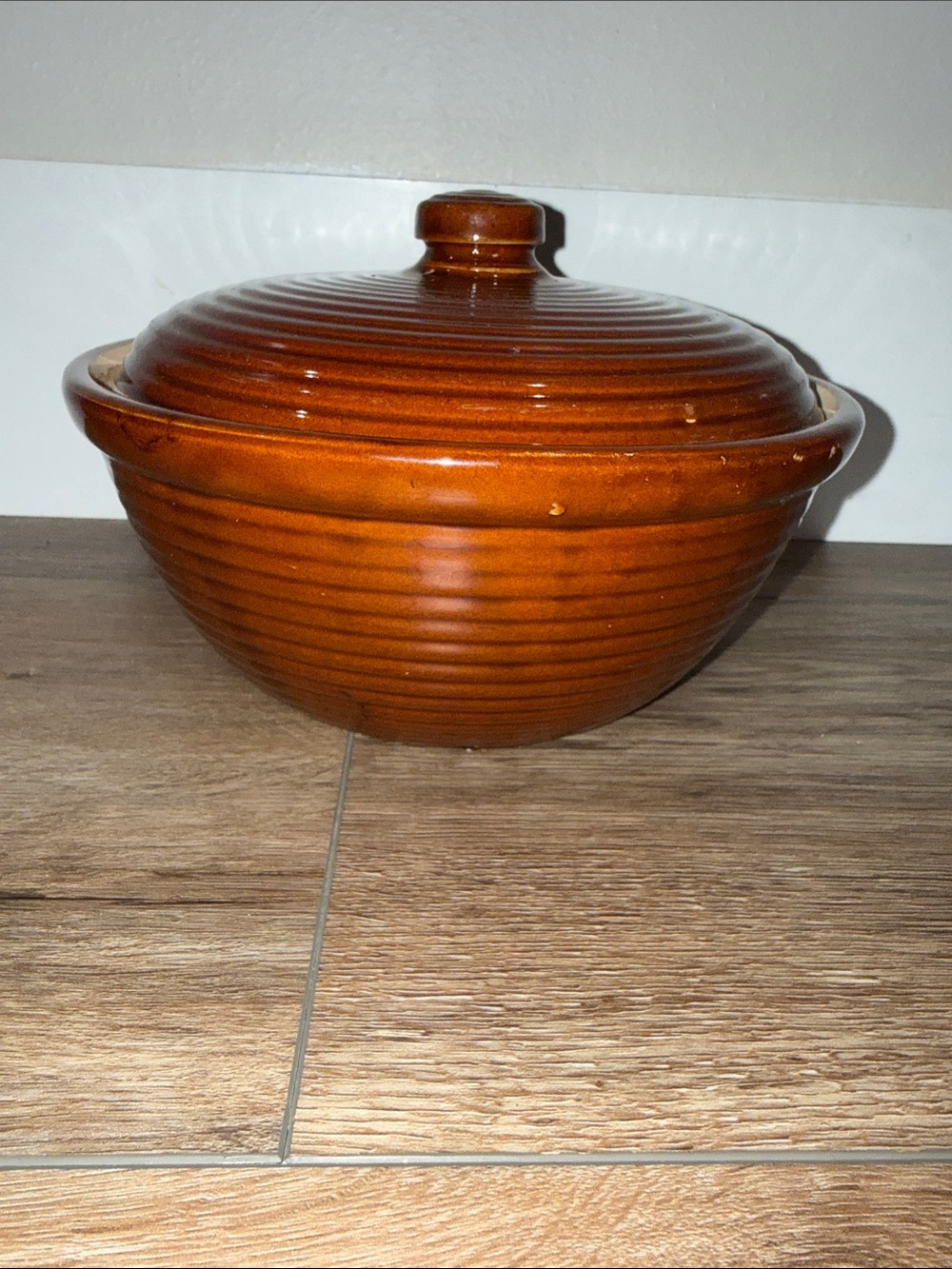 Western Monmouth Bean Pot Brown Stoneware Ribbed Bowl With Lid Vintage